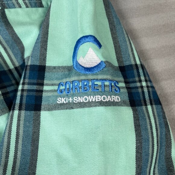 Flylow Shirt Mens XL Blue Green Plaid Snap Button Corbetts Ski Snowboard Logo - Picture 9 of 11